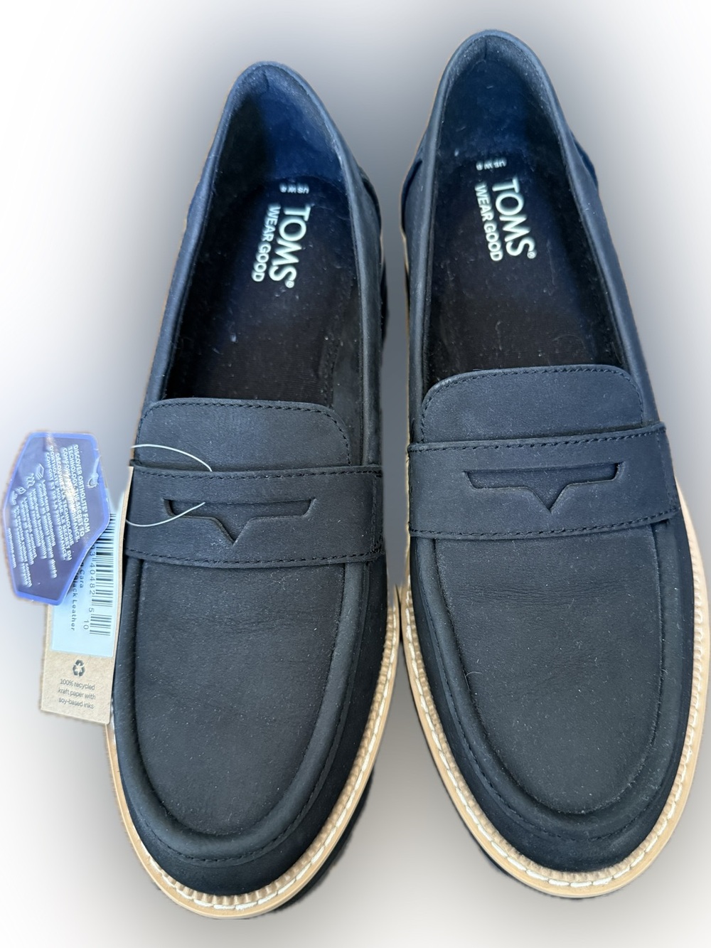 Toms Cara Loafer - Black Platform Lug-Soled Penny Loafers with Tan Welt - Picture 3 of 9